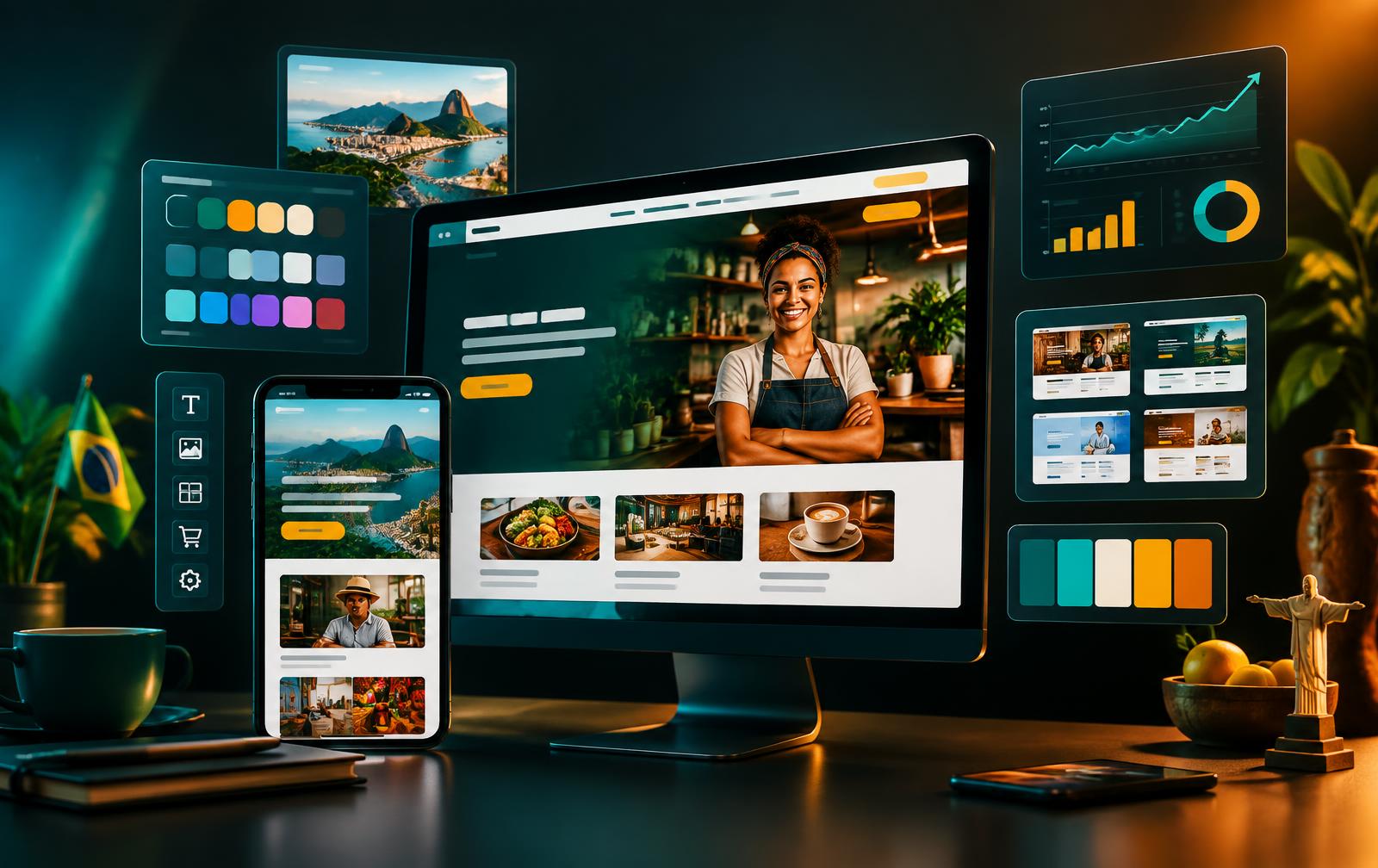 Prévia do SiteCreatorPRO exibindo sites em desktop e celular
